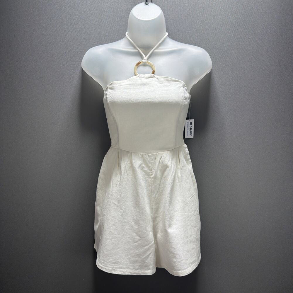 Old Navy Women's White Linen Blend O ring Halter Neck Romper Beachy Size XS New